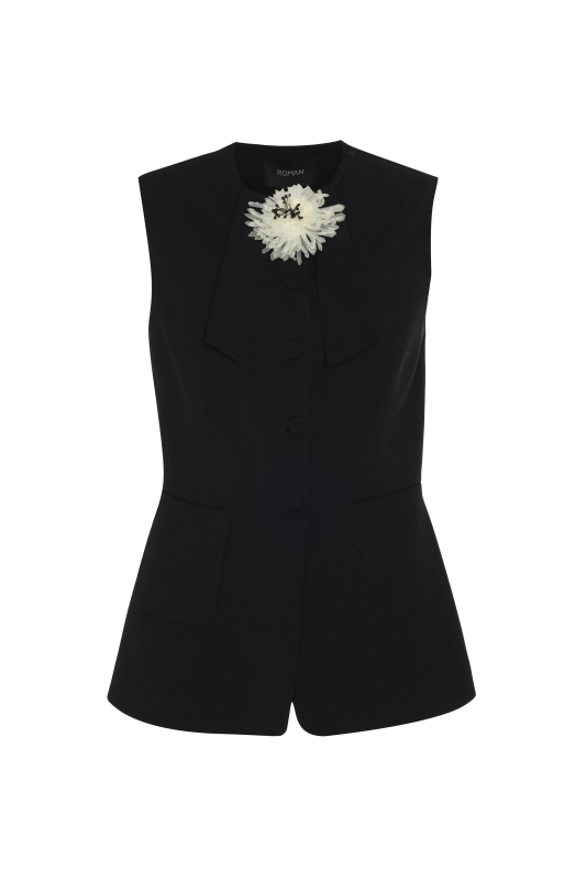 Çıkarılabilir Broş Detaylı Bele Oturan Yelek Siyah - 5