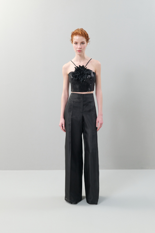 Çıkarılabilir Çiçek Broşlu Payet Büstiyer Siyah - 3