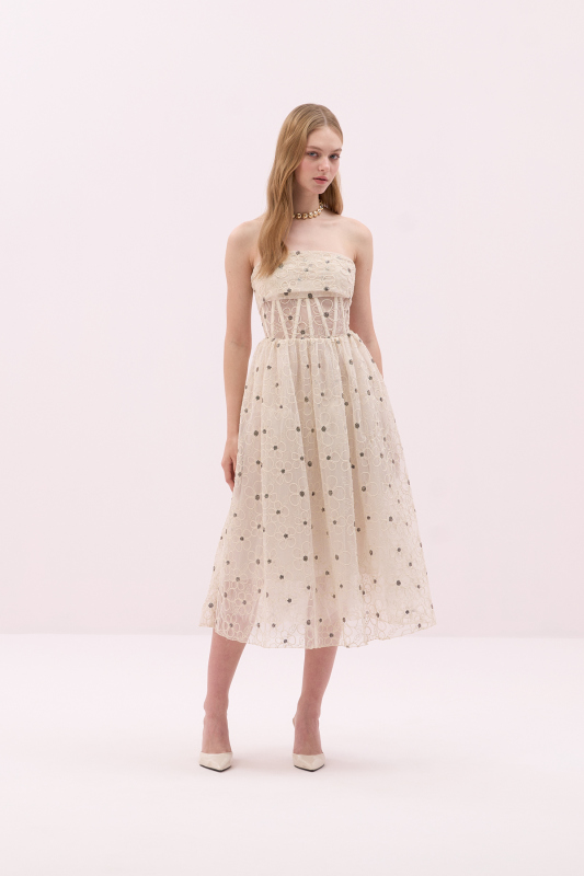 Çıkarılabilir İnce Askılı Straplez Midi Boy Elbise Ekru - 4