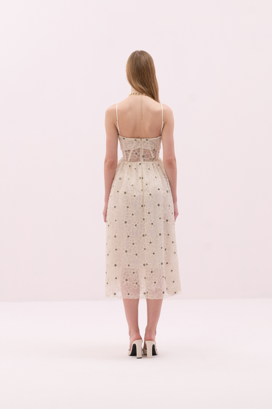 Çıkarılabilir İnce Askılı Straplez Midi Boy Elbise Ekru - 2