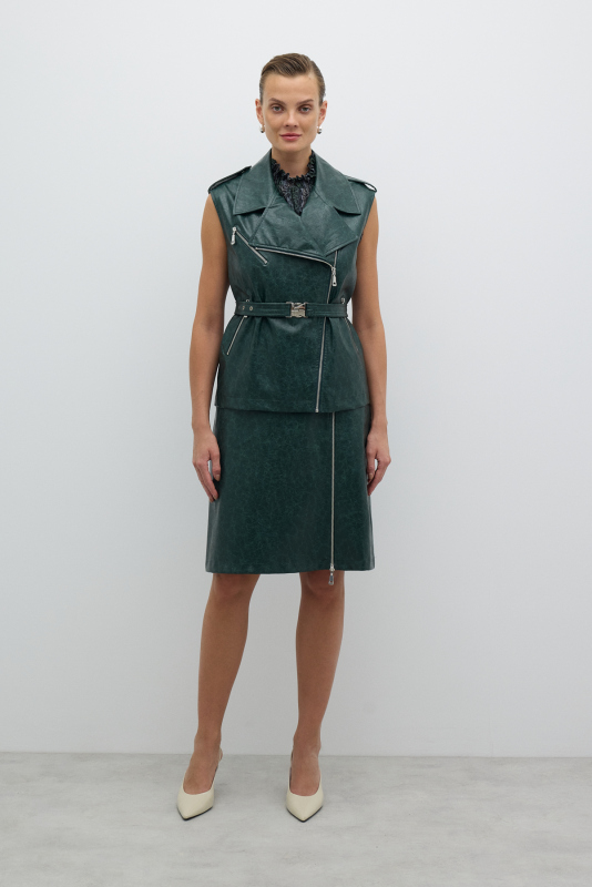 Çıkarılabilir Kemer ve Çıtçıt Detaylı Kruvaze Yelek Yeşil - 3