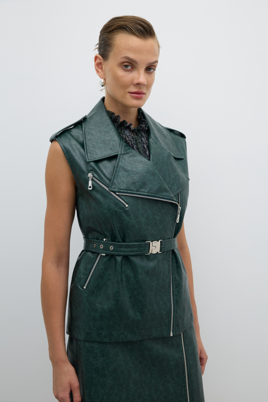 Çıkarılabilir Kemer ve Çıtçıt Detaylı Kruvaze Yelek Yeşil - Roman