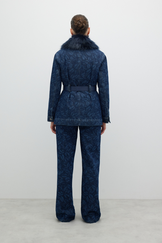 Çıkarılabilir Kürk Yakalı Beli Kemerli Ceket İndigo - Roman (1)