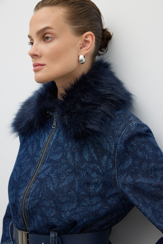 Çıkarılabilir Kürk Yakalı Beli Kemerli Ceket İndigo - 3