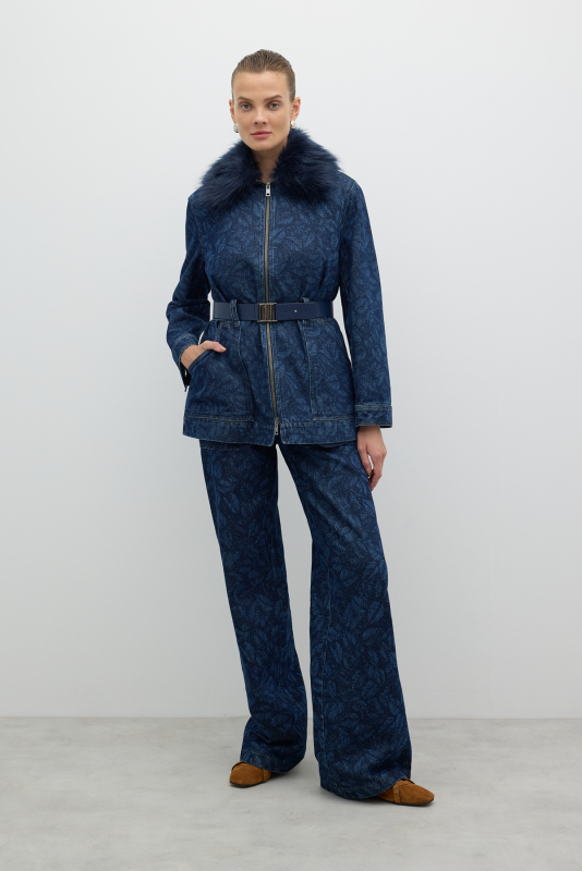 Çıkarılabilir Kürk Yakalı Beli Kemerli Ceket İndigo - 4