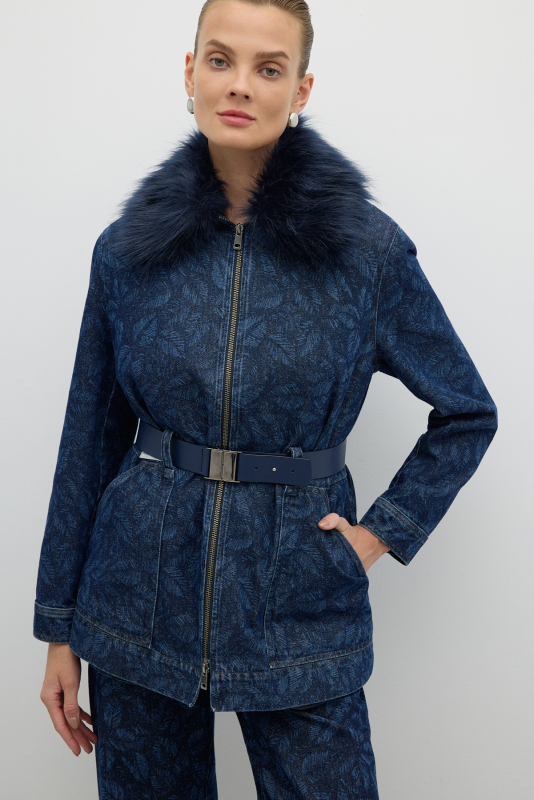 Çıkarılabilir Kürk Yakalı Beli Kemerli Ceket İndigo - Roman