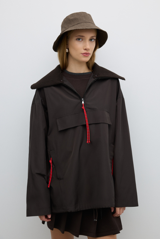 Çıkarılabilir Triko Yaka Yarım Fermuarlı Mont Kahve - 3