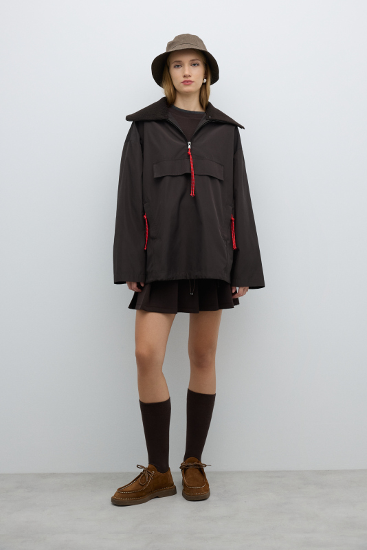 Çıkarılabilir Triko Yaka Yarım Fermuarlı Mont Kahve - 1