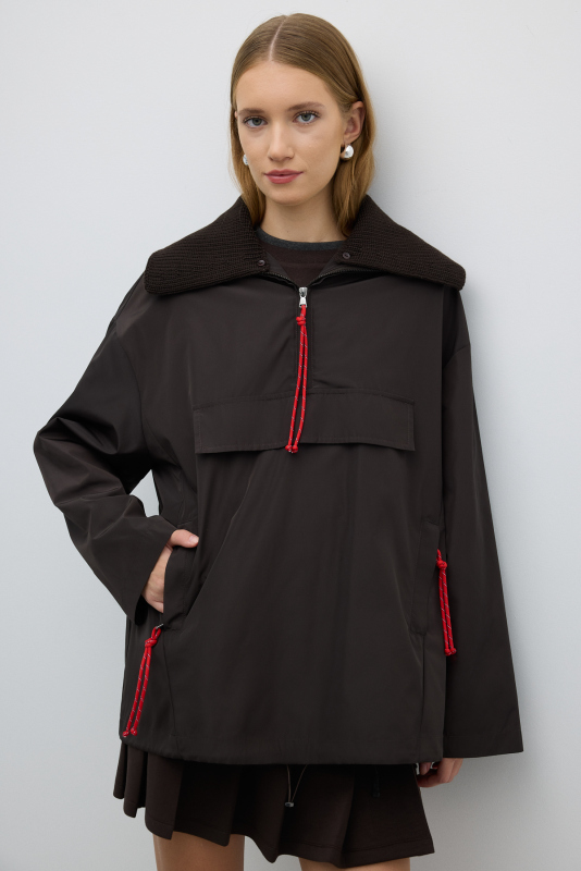 Çıkarılabilir Triko Yaka Yarım Fermuarlı Mont Kahve - 4