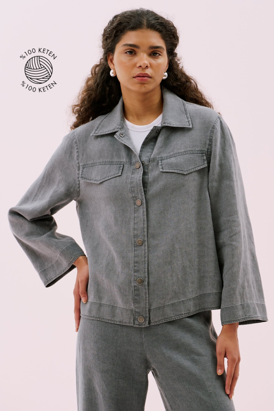 Çıtçıt Detaylı Keten Gömlek Antrasit - 1