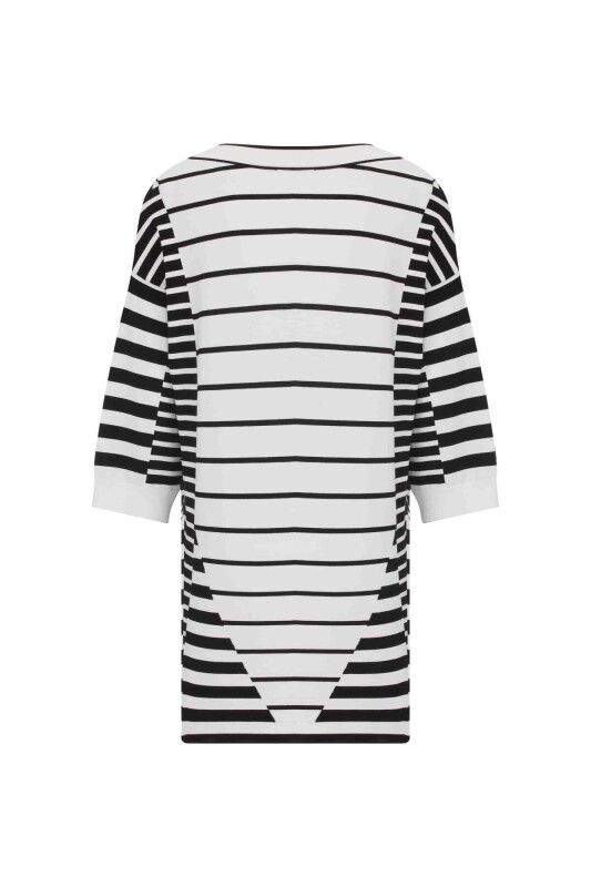 Çizgi Desenli V Yaka Mini Triko Elbise Siyah-Beyaz - 5