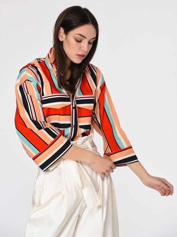 Çizgi Ve Renk Desenli Oversize Kadın Gömlek Standart Renk - 3