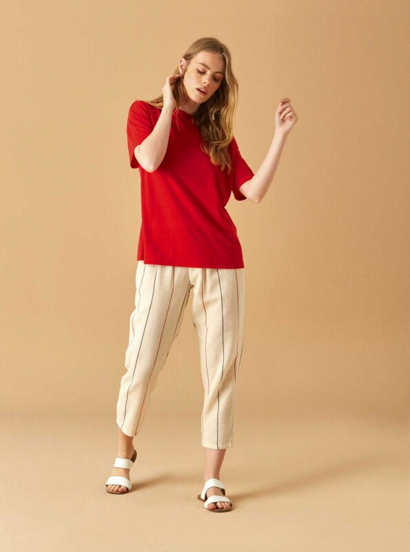 Çizgili Kadın Pantolon Krem - 2