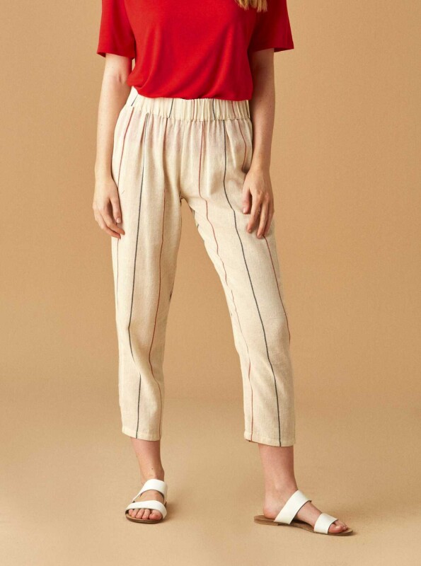 Çizgili Kadın Pantolon Krem - 3