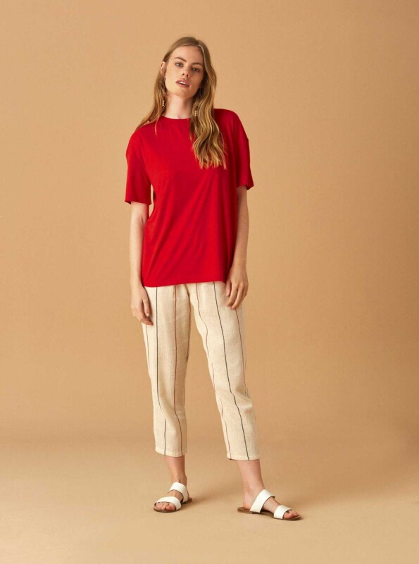 Çizgili Kadın Pantolon Krem - 1