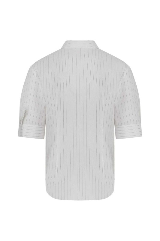 Çizgili Kısa Kollu Kadın Gömlek Kemik - 5