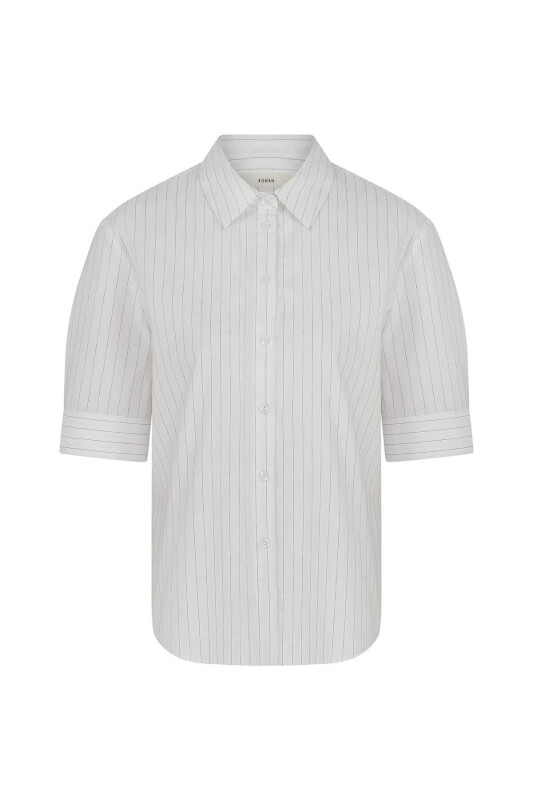 Çizgili Kısa Kollu Kadın Gömlek Kemik - 4