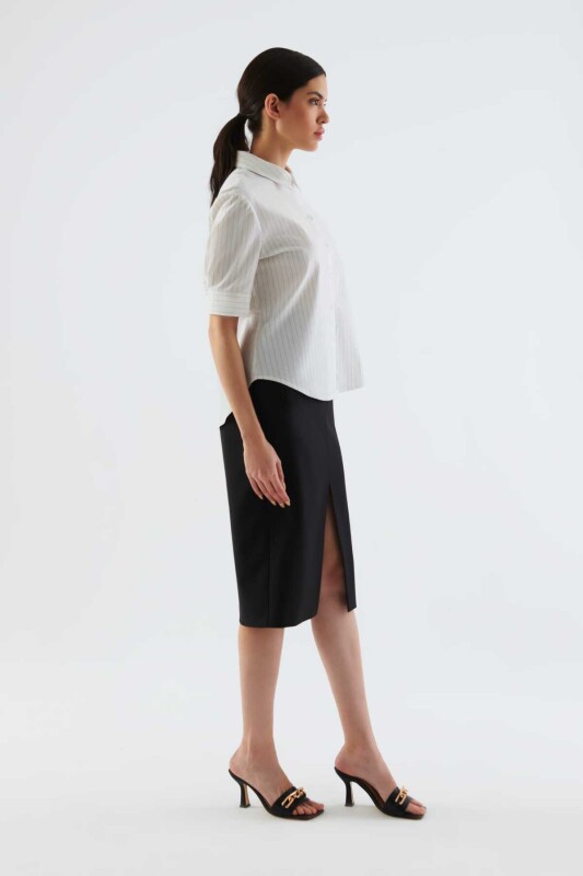 Çizgili Kısa Kollu Kadın Gömlek Kemik - 3