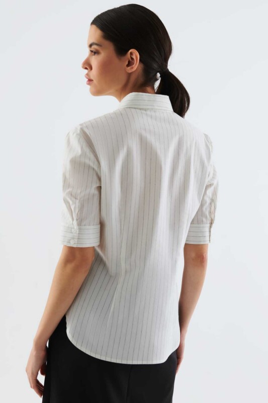 Çizgili Kısa Kollu Kadın Gömlek Kemik - 2