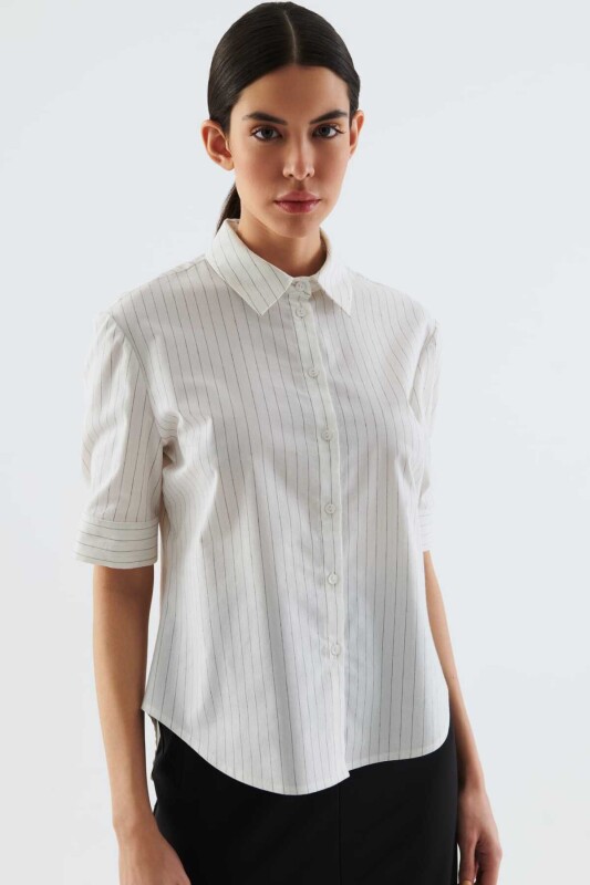 Çizgili Kısa Kollu Kadın Gömlek Kemik - 1