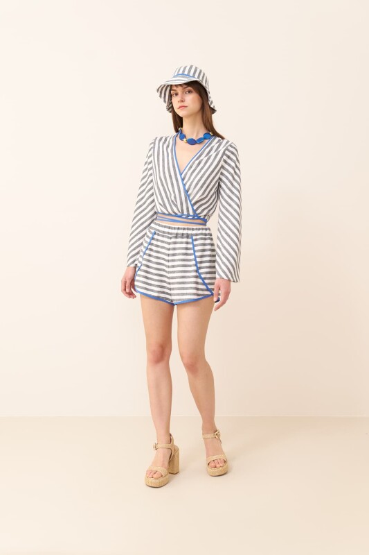 Çizgili Kruvaze Bluz Siyah-Beyaz - 3