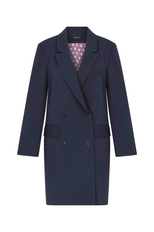  Çizgili Uzun Kadın Ceket Lacivert - 4