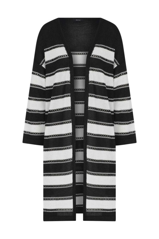  Çizgili Uzun Triko Hırka Siyah-Beyaz - 3