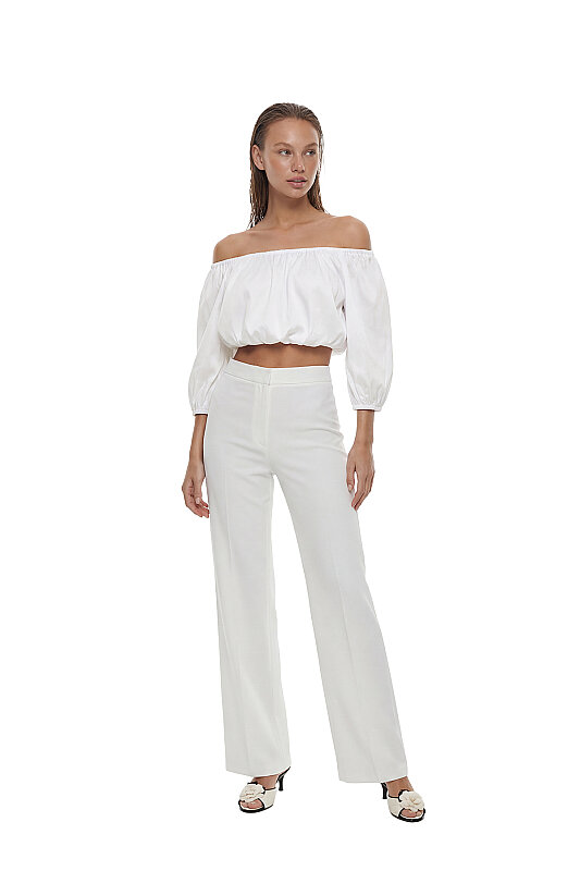 Crop Balon Kol Tafta Bluz Beyaz - Roman