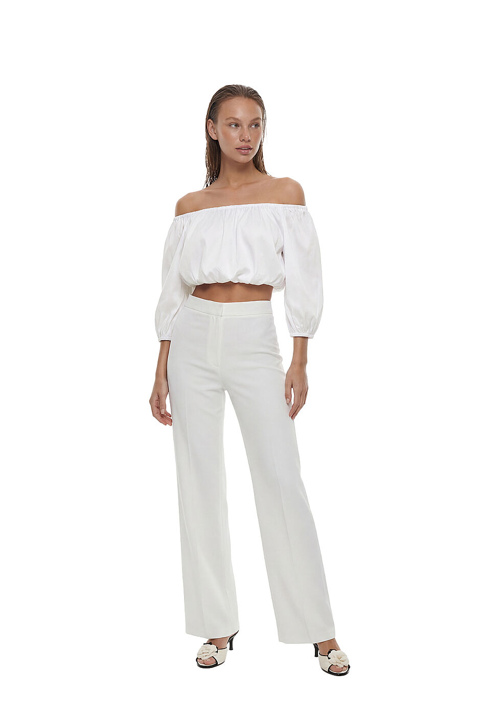 Crop Balon Kol Tafta Bluz Beyaz - 1