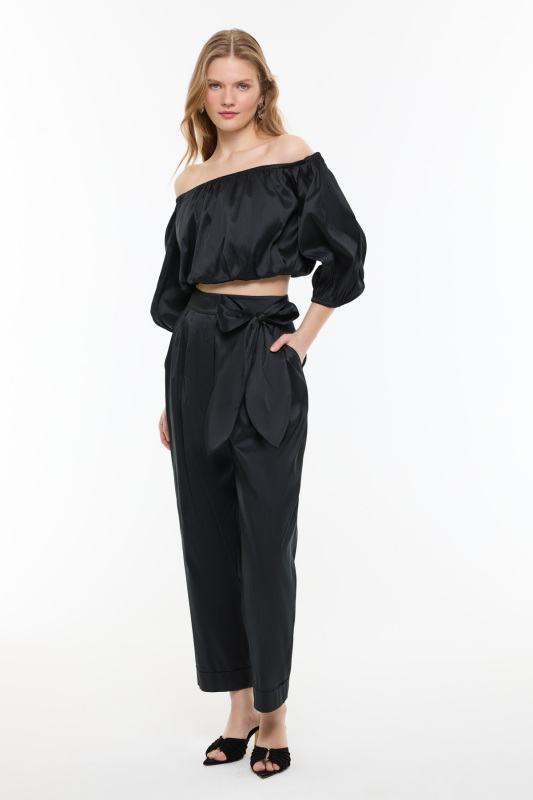 Crop Balon Kol Tafta Bluz Siyah - 4