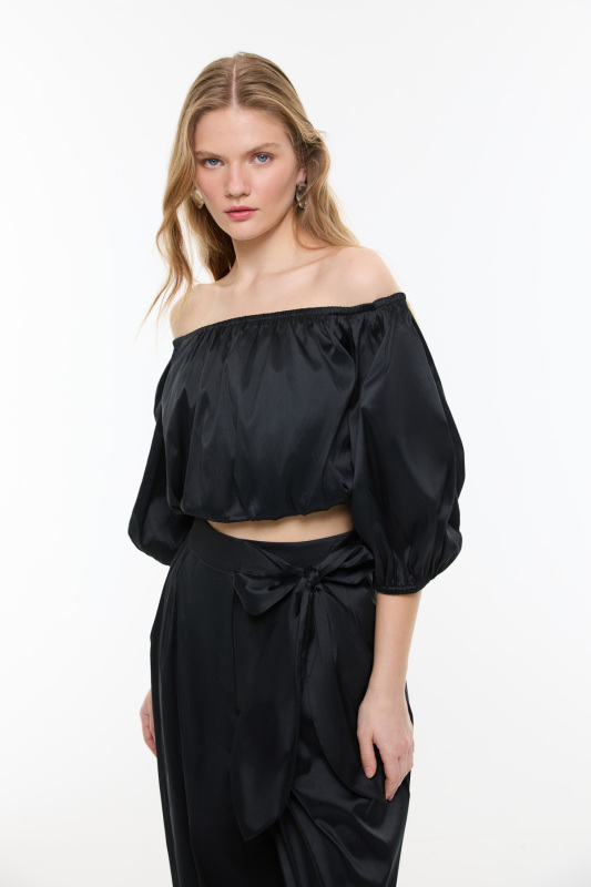 Crop Balon Kol Tafta Bluz Siyah - 1