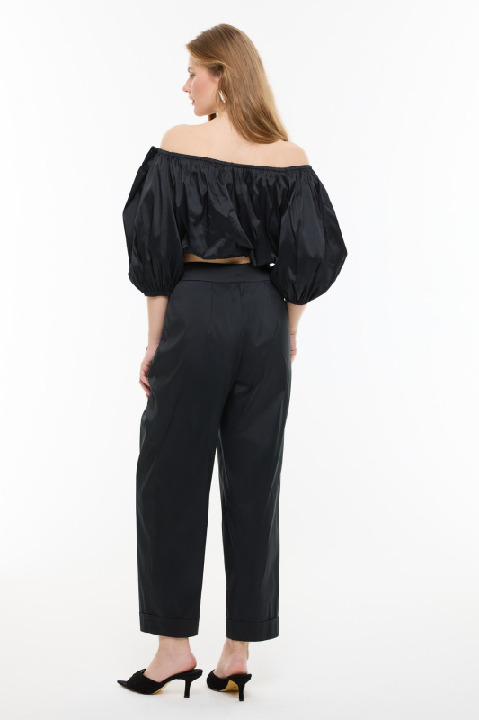 Crop Balon Kol Tafta Bluz Siyah - 2