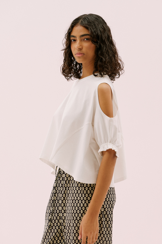 Cut Out Detaylı Karpuz Kol T-shirt Ekru - 1