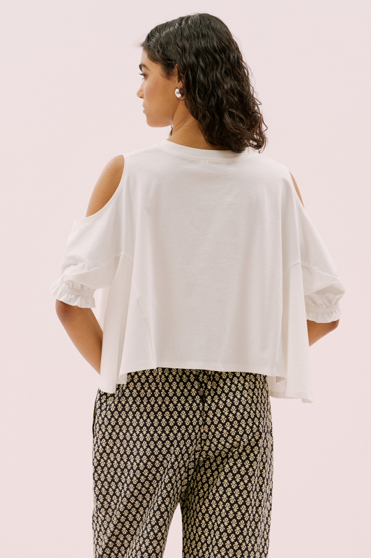 Cut Out Detaylı Karpuz Kol T-shirt Ekru - 2