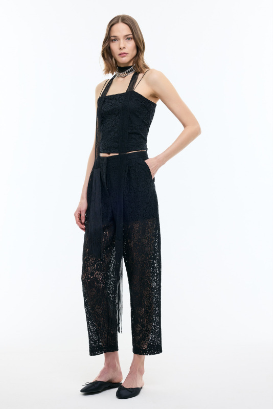 Dantel Detaylı Düz Paça Pantolon Siyah - 3