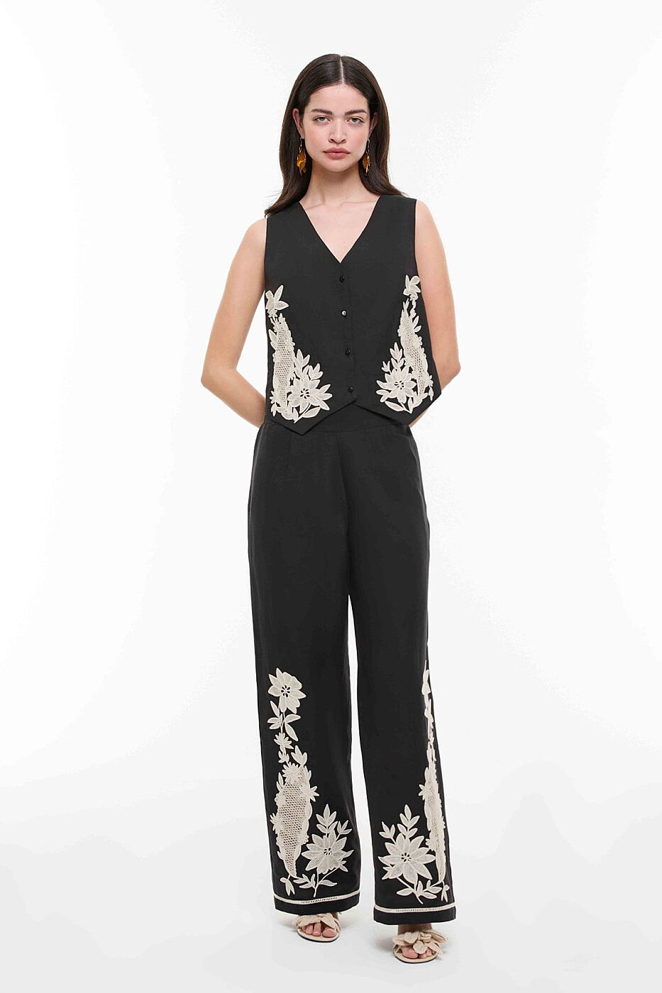 Dantel Detaylı Pantolon Siyah-Naturel - 1