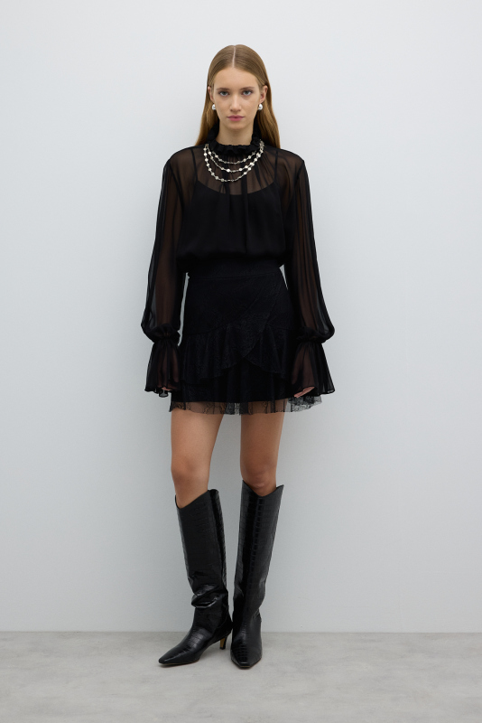 Dantel Detaylı Pileli Mini Etek Siyah - 1