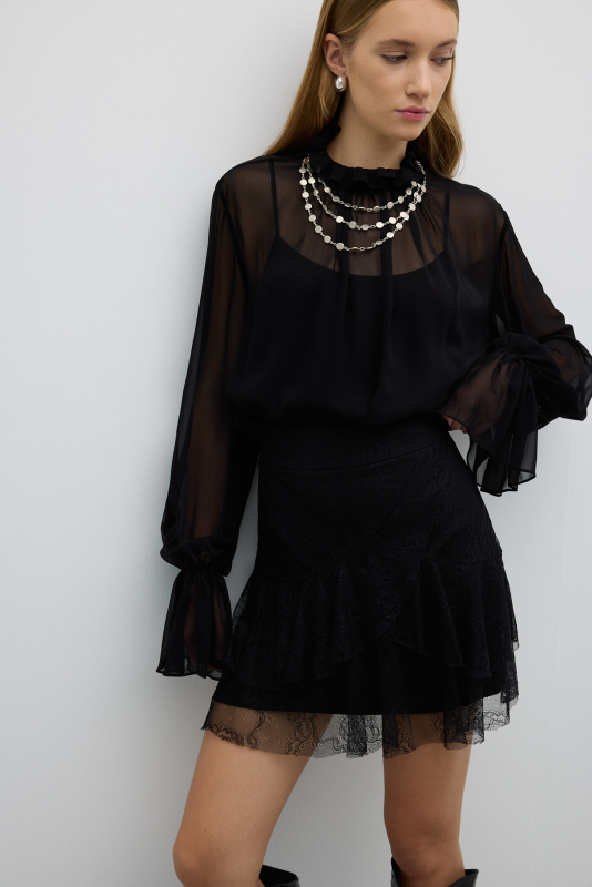 Dantel Detaylı Pileli Mini Etek Siyah - 4