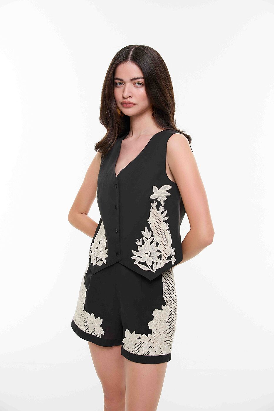 Dantel Detaylı Yelek Siyah-Naturel - 6