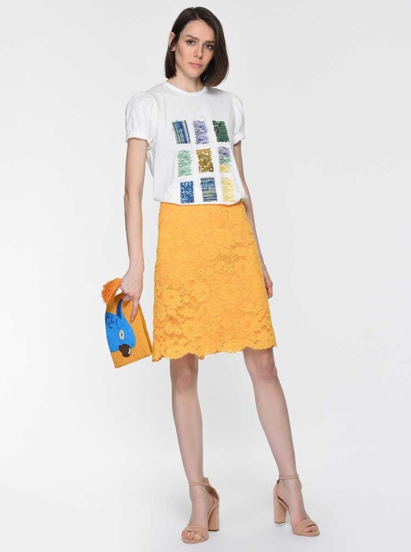 Dantel İşlemeli Etek Sarı - 3