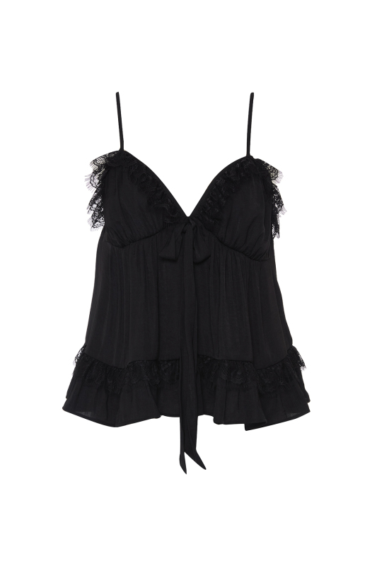 Dantel ve Volan Detaylı İnce Askılı Bluz Siyah - 4