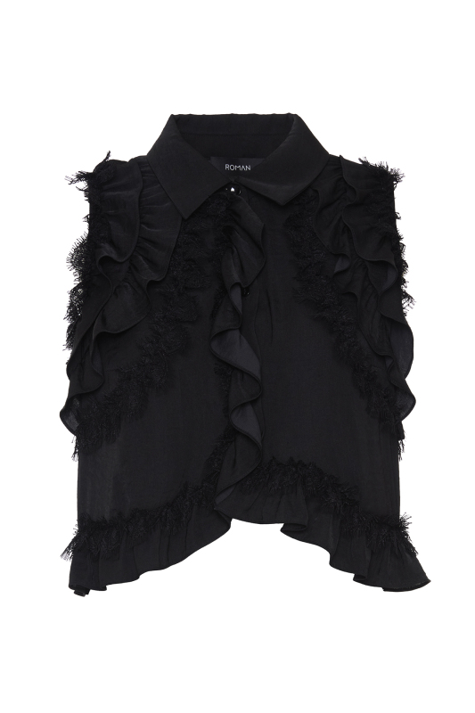 Dantel ve Volan Detaylı Kolsuz Gömlek Siyah - 5