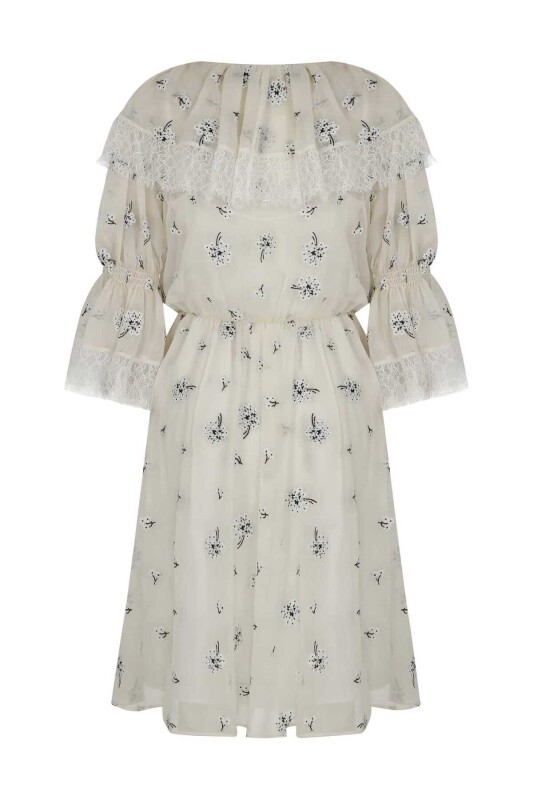 Dantelli V Yaka Abiye Elbise Ekru - 5