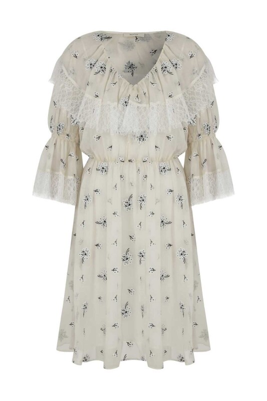 Dantelli V Yaka Abiye Elbise Ekru - 4