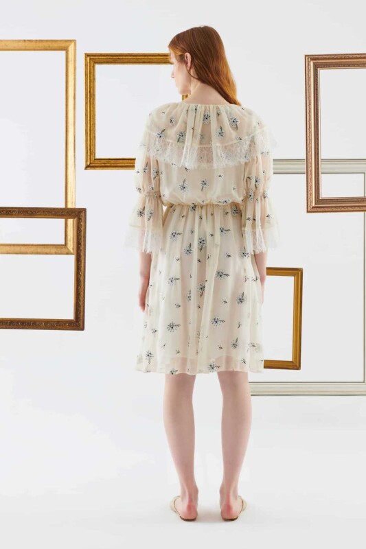 Dantelli V Yaka Abiye Elbise Ekru - 2