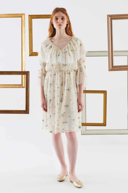 Dantelli V Yaka Abiye Elbise Ekru - 1