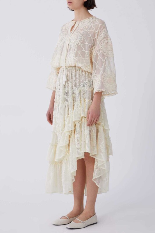 Dantelli Volanlı Midi Etek Ekru - 3