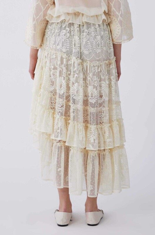 Dantelli Volanlı Midi Etek Ekru - 2