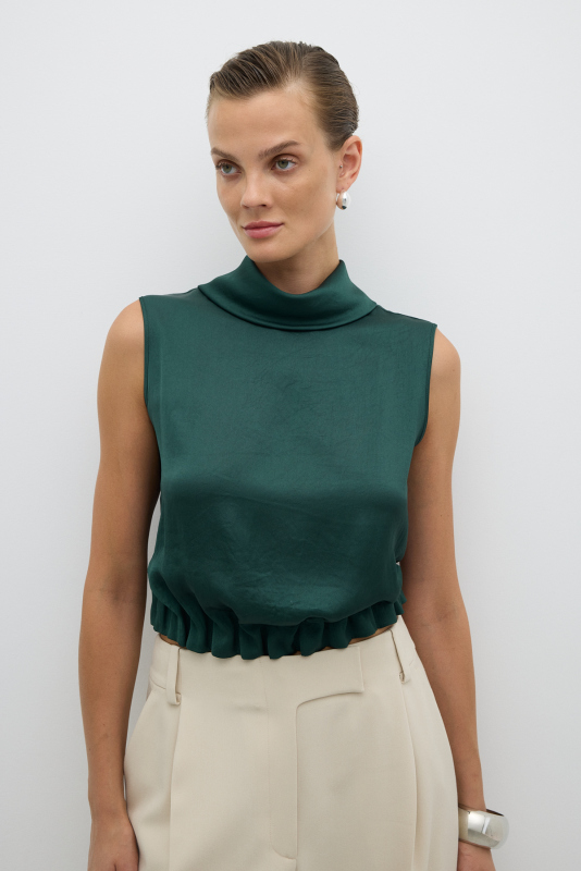 Degaje Yaka Beli Lastikli Kolsuz Bluz Yeşil - 1