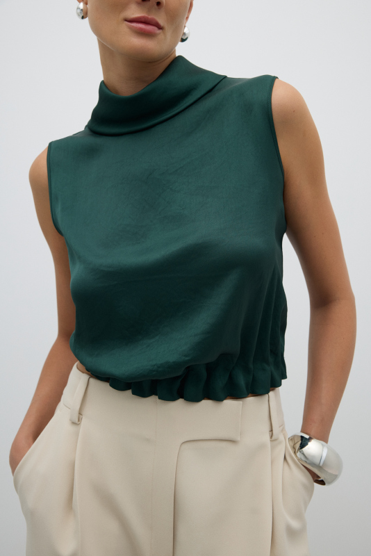 Degaje Yaka Beli Lastikli Kolsuz Bluz Yeşil - 3